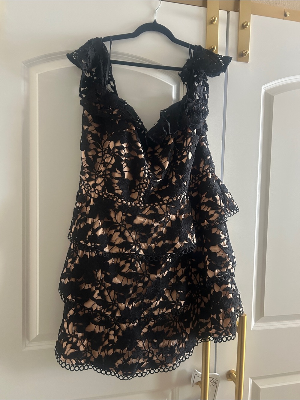Black Lace Overlay mini Dress with Nude Lining, off the shoulders size 24